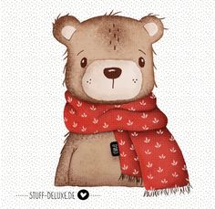 a brown teddy bear wearing a red scarf