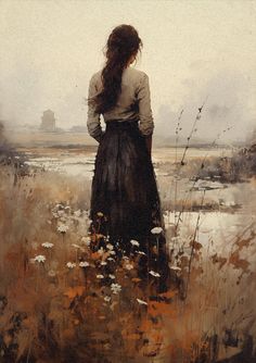 a painting of a woman standing in a field