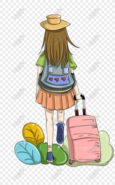 a girl is standing with her luggage and looking at the ground while wearing a hat