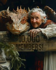 an old woman leaning on a wooden sign with the words'10, 000 members '