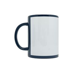 a black and white coffee mug is on a white surface with a blue rim around it