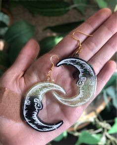 These are about 2 inches big, and will ship up to five days out! All earring hardware is hypoallergenic and nickel free! If you want the hook switch to silver, or closed hooks please either email me or reach out on my Instagram:) Salem Earrings, Spooky Moon, The Hook, Moon Earrings, Black And Pink, Days Out, Steven Universe, Jewelry Accessories, Universe