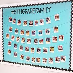 a blue bulletin board with pictures hanging on it's sides and the words thogadefaamily written in black