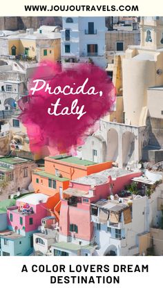 a collage of colorful buildings with the words proceda, italy above them