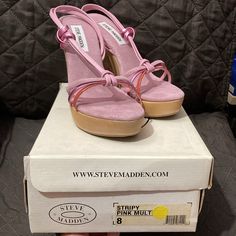 Rare Find! Direct From My Closet. Bought These In Late 1990s To Early 2000s. Steve Madden Vintage Y2k Pink Strappy, Two-Tone Sandals With 5” Wood And Cork Wedge Heels. Super Sexy. Size 8. New In Original Box. Only Tried On, Never Worn. Price Is Firm. Ask Any Questions Before Buying. All Sales Are Final. Lowball Offers Will Be Declined! Steve Maden Pink Heels, Vintage Pink Party Heels, Retro Pink Platform Heels, Pink 4-inch Wedge Heels, Pink Wedge Sandals With 4-inch Heel, Heel Wedges, Steve Madden Wedges, Floral Wedges, Leopard Shoes