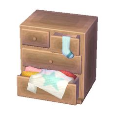 a wooden chest with two drawers and socks on it's sides, next to a pair of socks