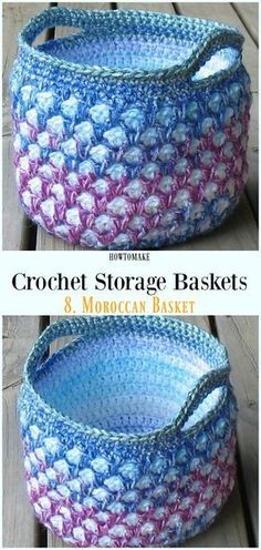 two crochet storage baskets with handles and handles, one is blue and the other is pink