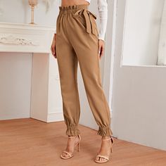 Camel Casual   Polyester Plain Tapered/Carrot  Slight Stretch Spring/Summer/Fall Women Bottoms Celana Fashion, Paper Bag Waist Pants, Camel Style, Look Office, Fall Pants, Tapered Trousers, Pants Large, Tapered Pants, Type Of Pants