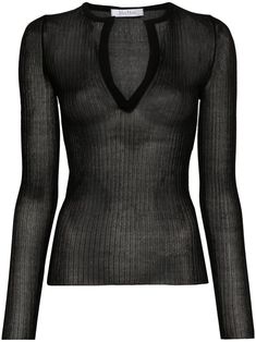 black silk ribbed knit semi-sheer construction V-neck long sleeves straight hem Yoko London, The Embrace, Short Leggings, Heel Boots, Silk Top, Max Mara, Black Silk, High Boots, Women Collection