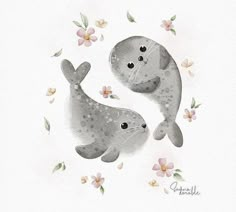 two gray seals with flowers around them on a white background and the seal is looking at each other