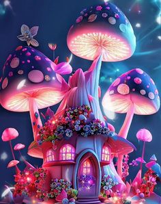 an image of a mushroom house with flowers and butterflies on the roof in the night