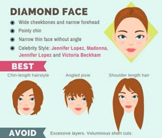 Diamond Face | The Ultimate Hairstyle Guide For Your Face Shape Pointy Chin Hairstyles, Diamond Shape Haircut, Narrow Forehead Hairstyles, Short Haircut For Diamond Face, Hair Styles For Diamond Face Shape, Bangs For Diamond Face, Hairstyle For Diamond Shaped Face, Diamond Shape Face Hairstyles, Diamond Face Hairstyles