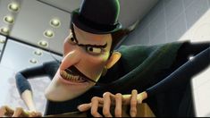 the animated character is dressed in black and green clothing, holding a cane with his mouth open