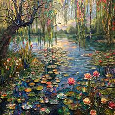 a painting of water lilies and trees