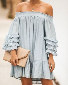 City Of Angels Off The Shoulder Ruffle Dress - Cloud Off The Shoulder Ruffle Dress, Stylish Spring Outfit, Shoulder Ruffle Dress, Romantic Outfit, A Start, Boho Chic Outfits, Spring Fashion Outfits, City Of Angels, Great Body