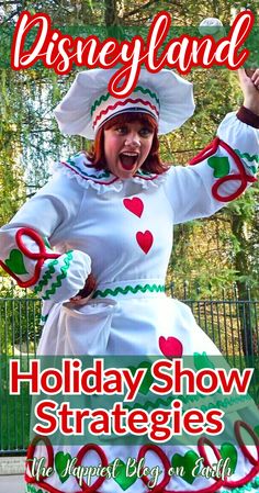 a woman in a costume with the words disneylandland holiday show strateges on it