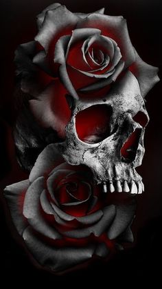 a skull and two roses on a black background