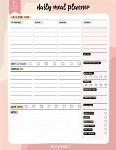 the daily meal planner is shown on a pink background