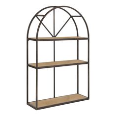 an iron and wood shelf with three shelves on each side, in the shape of a trellis