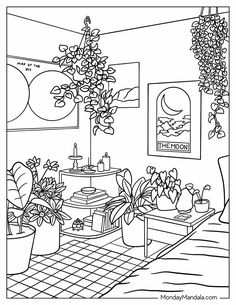 a drawing of a living room with potted plants