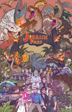 the poster for the upcoming movie,'jurassic park'is shown in front of an image of dinosaurs and other animals