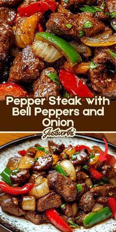 beef steak with bell peppers and onions on a plate