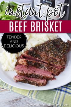 the instant pot beef brisket is served on a plate with mashed potatoes and greens