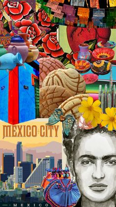 a collage of mexican art, including a woman's face and the city in the background