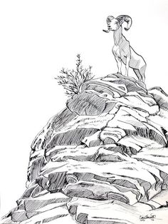 a drawing of a ram standing on top of a mountain