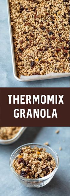 thermomix granola recipe in a glass bowl and on a blue surface