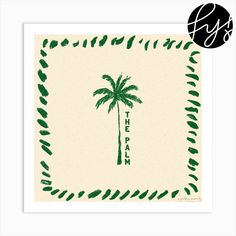 a green palm tree on a cream background with the word's logo above it