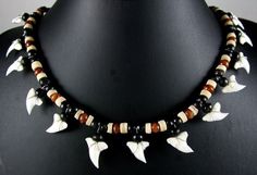 Handmade 13! Mako Shark Tooth Wooden Beads Necklace 20"-30" Adjustable ; Da088 Men’s Crystal Necklace, Shark Tooth Necklace Diy, Shark Teeth Necklace, Beaded Necklace For Men, Avatar Design, Shark Boy, Shark Tooth Pendant, Mako Shark, Tooth Pendant