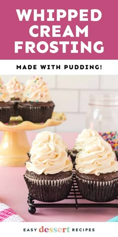 three chocolate cupcakes with white frosting and sprinkles on top