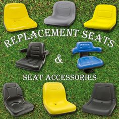 various seats and seat accessories are arranged in the grass with words that read, replacement seats & seat accessories