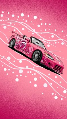 a pink sports car with white swirls on it