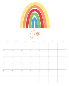 the printable june calendar with rainbows on it