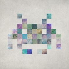 an abstract painting with squares in blue, green and purple colors on a white background