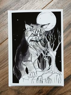 a black and white drawing of a cat sitting in front of a tree with the moon above it