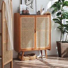 a wooden cabinet with wicker doors next to a potted plant and clock on the wall