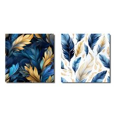 two paintings with blue and yellow leaves on them