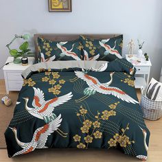 a bed room with a neatly made bed and two birds on the pillow cases,