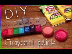 crayon lipstick and other crafting supplies on a table with the words diy