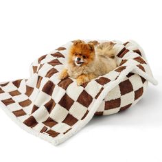 a small dog laying on top of a brown and white checkerboard pet bed