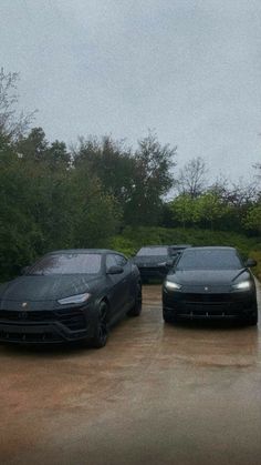 three black cars parked in a parking lot next to some trees and bushes on a cloudy day