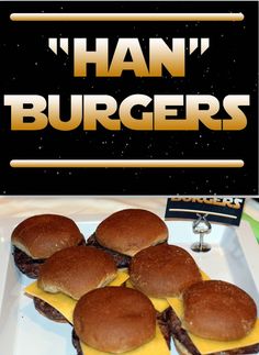 hamburgers with cheese on them sitting on a white plate next to a sign that says han's burgerers