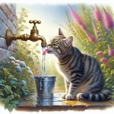 a cat drinking water out of a faucet next to a flowery garden