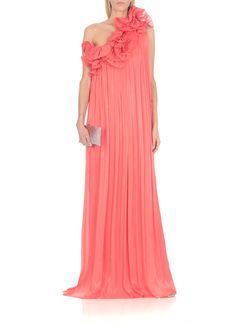 This coral Costarellos georgette one-shoulder dress showcases a wide neckline highlighted by floral appliqués. The flared and pleated hem adds grace to the flowing silhouette, complemented by shimmering Lurex accents for a sophisticated look.

- Ideal for elegant evening events  
- Composition: Georgette fabric  
- Floral detailing with Lurex embellishments Dress For Woman, Zimmermann Dress, Dresses Red, Georgette Fabric, Feminine Design, Dress Maxi, Luxury Fabrics, Signature Style, Mother Of The Bride