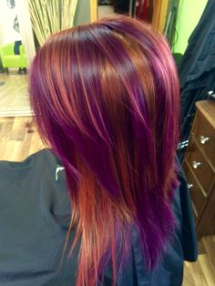 pinwheel color red copper and purple Purple Highlights In Red Hair, Hair Color With Blonde Highlights, Red And Purple Hair, Violet Hair Color, Hair Color With Highlights, Red Violet Hair Color, Blonde Bayalage, Red Purple Hair, Color With Highlights