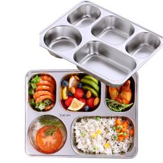 a metal tray filled with different types of food