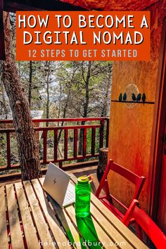 a laptop sitting on top of a wooden table next to a green bottle and red chair